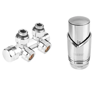Кран радиаторный двойной Ferro 16*2 хром + термоголовка