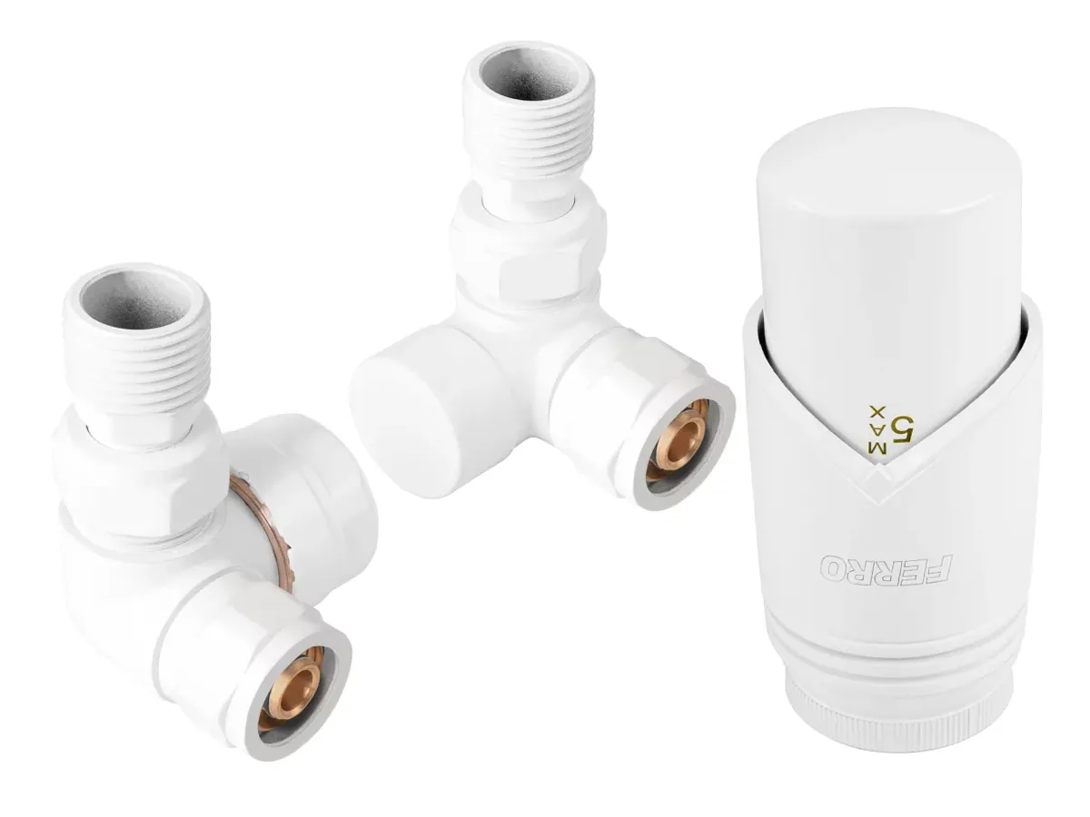 Кран радиаторный осевой Ferro 16*2 белый + термоголовка