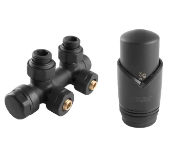 Кран радиаторный двойной Ferro 16*2 черный + термоголовка 