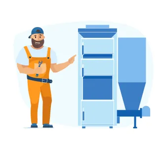 Instalarea standard cazanului pe combustibil solid de 26-30 kW cu încărcare automata (cu buncăr)