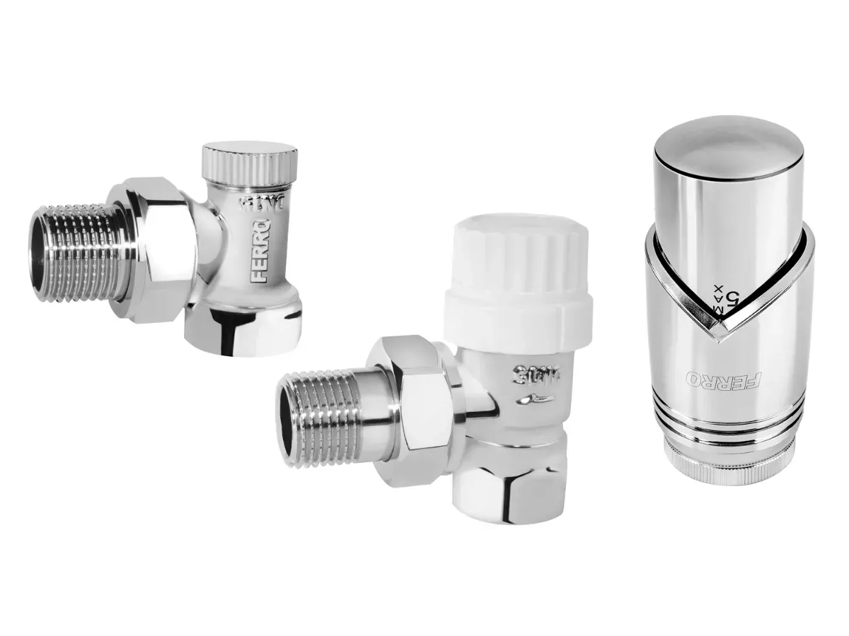 Кран радиаторный угловой Ferro set 1/2' хром + термоголовка