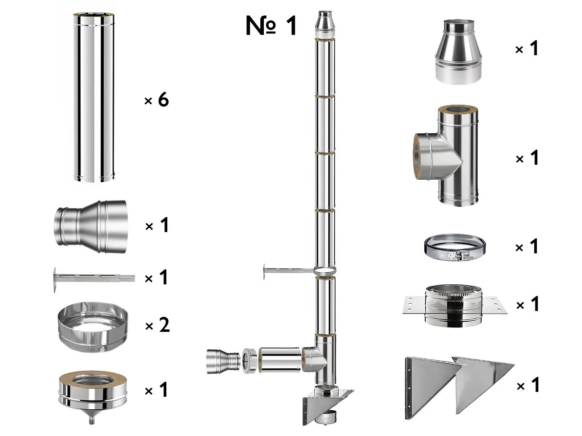 Kit complet coș de fum INOX izolat AISI 304, Ø200–280 mm, lungime 5 m, pentru cazane 50–70 kW (Varianta №1)