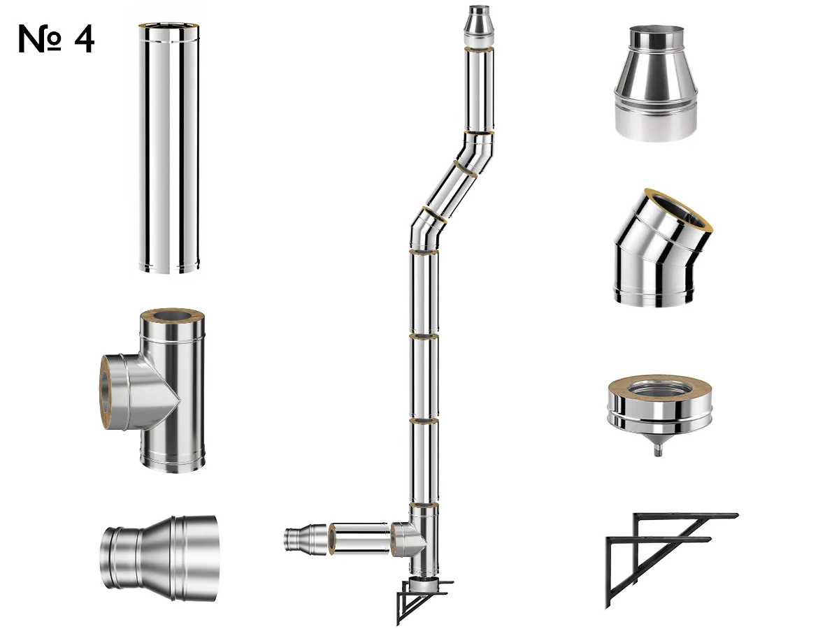 Kit complet coș de fum INOX izolat AISI 304, Ø180–250 mm, lungime 6 m, pentru cazane 30–50 kW (Varianta №4)